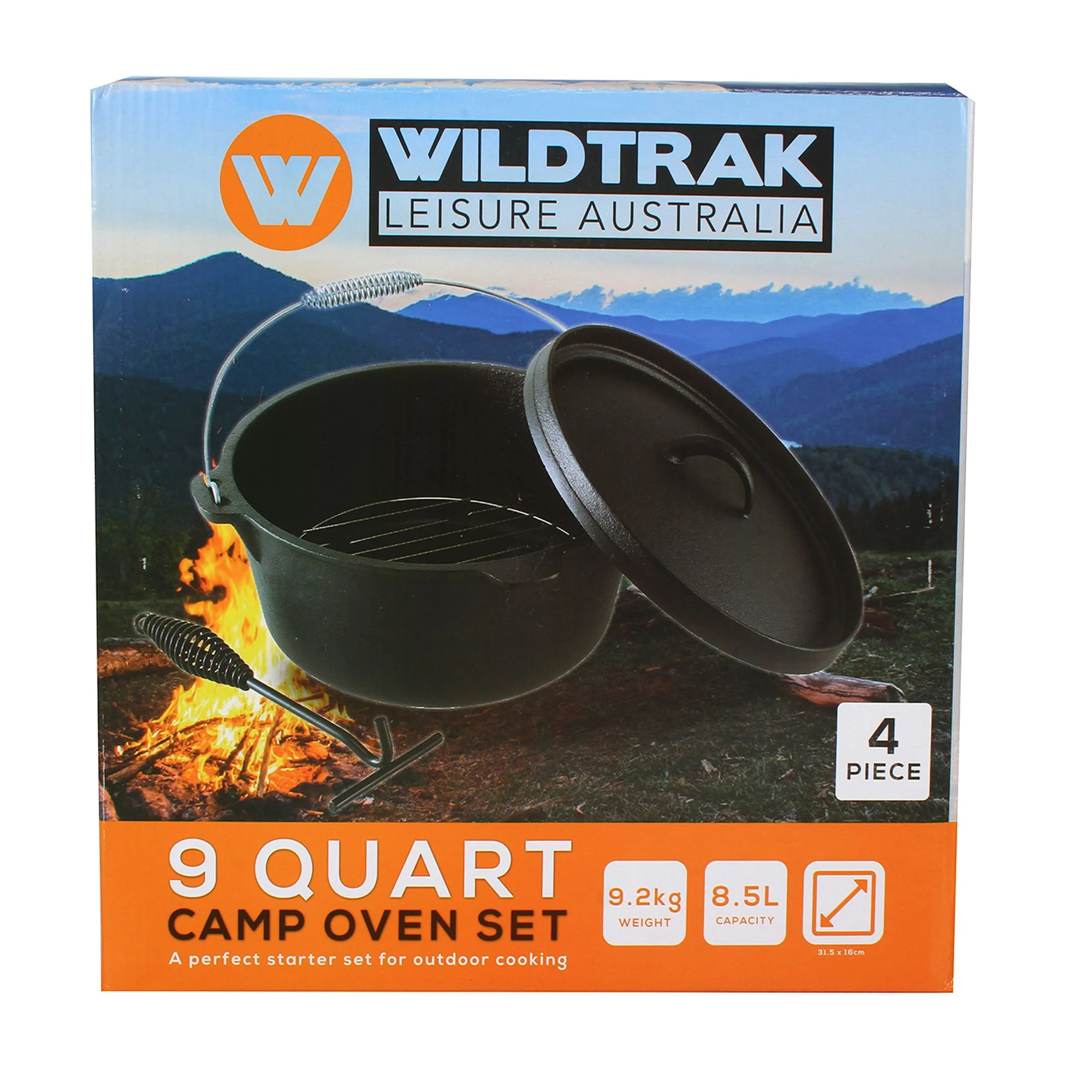 4pc Camp Oven Set - 9 Quart Heavy Duty Pre-Seasoned Round Cast Iron Camp Oven, Lid Lifter, Wire Trivett and Canvas Carry Bag - Image 3