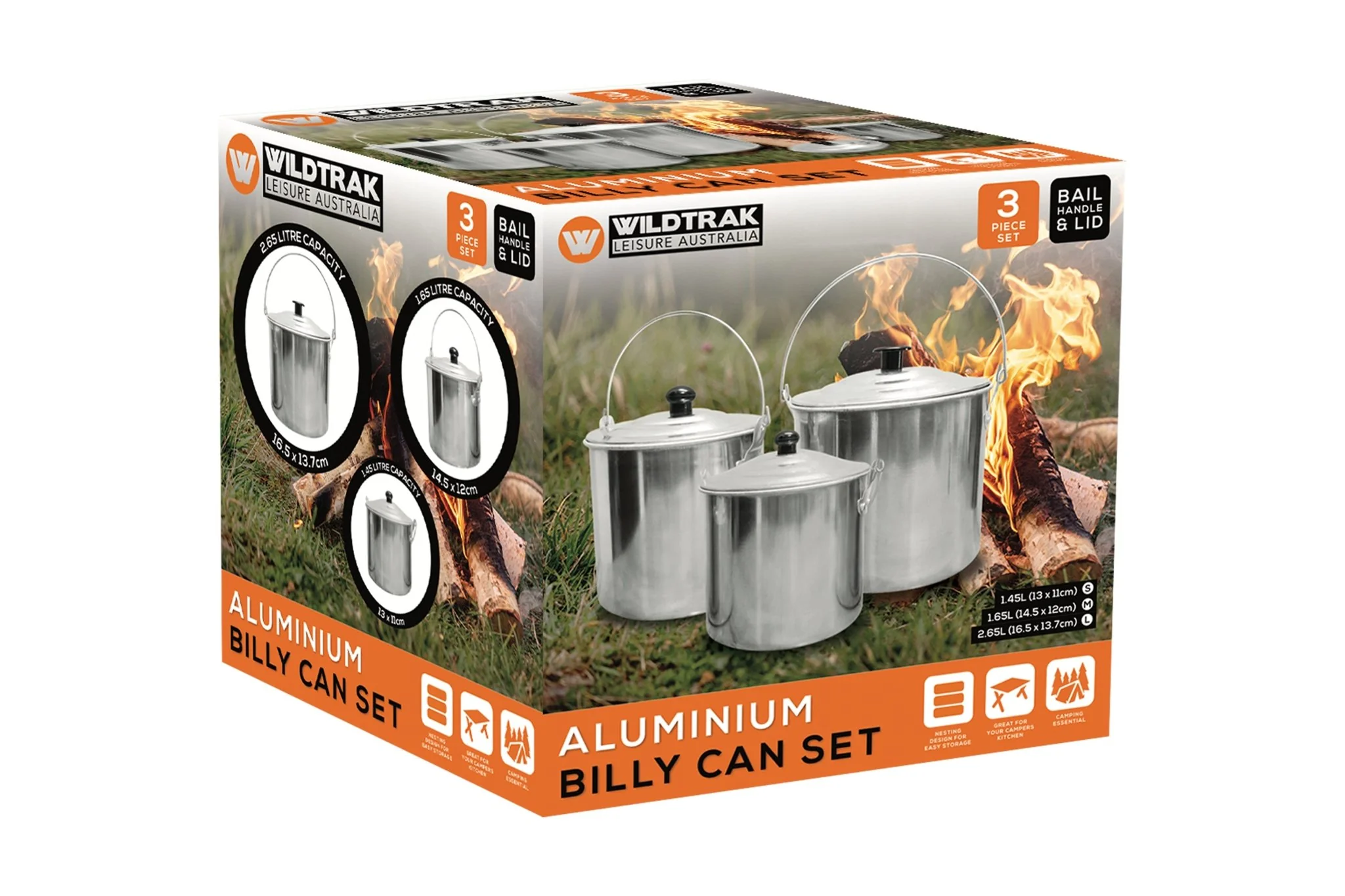 3 Piece Aluminium Billy Can Set with Handles - Image 4